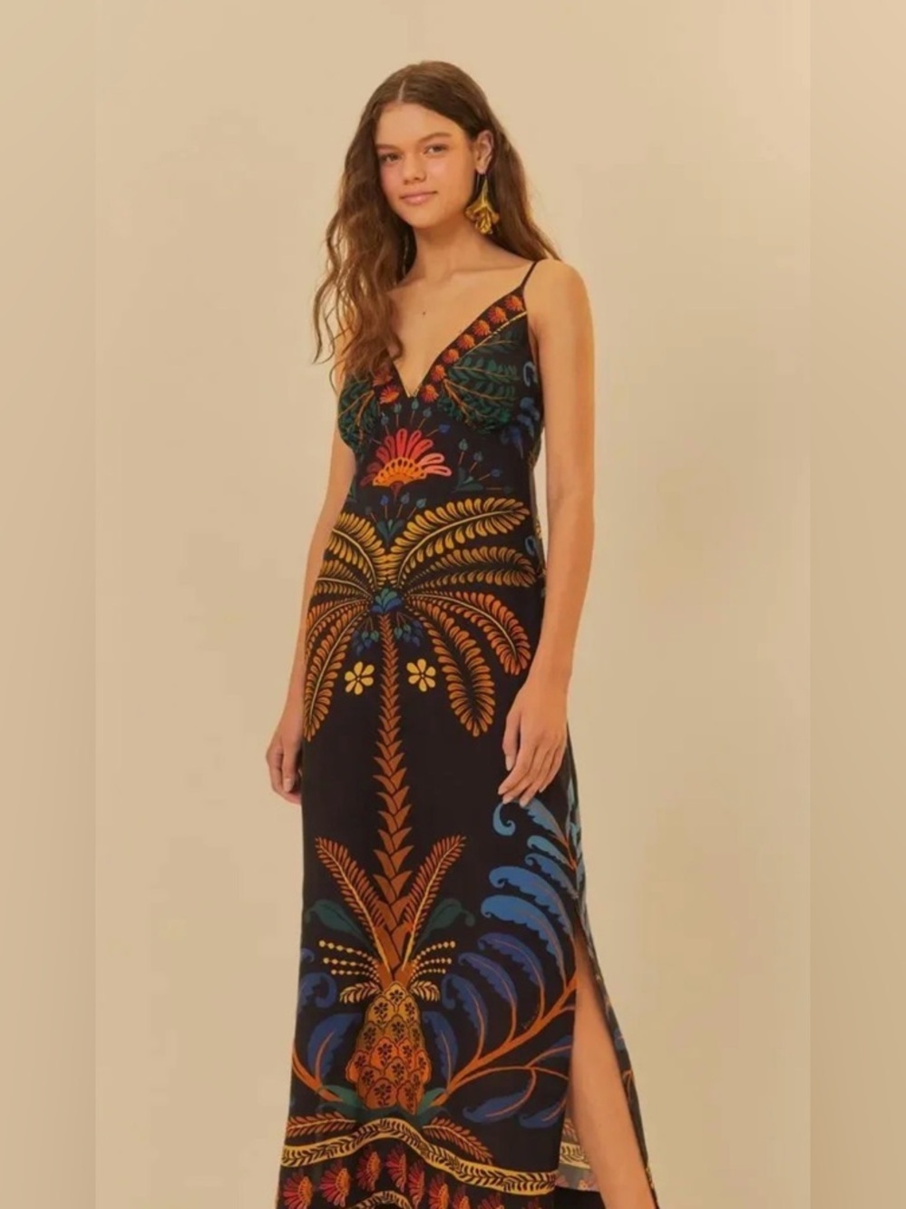Farm Rio Women’s Black Tropical Print Maxi Dress with Spaghetti Straps size PP